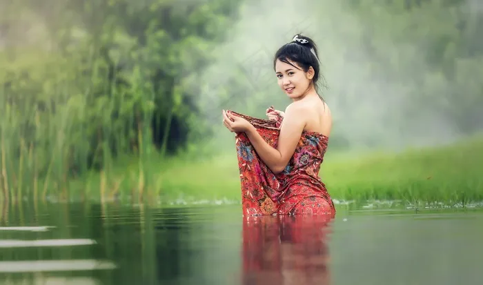 女人，洗涤，越南，亚洲，年轻，美丽，河