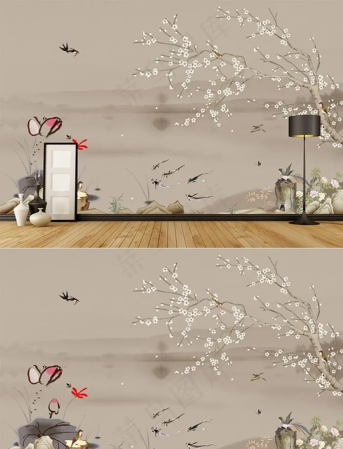 现代手绘新中式工笔花鸟背景墙装图片(9071X5669(DPI:72))psd模版下载