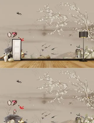 现代手绘新中式工笔花鸟背景墙装图片