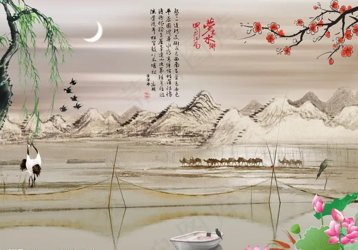 水墨山水之梦回江南图片psd模版下载