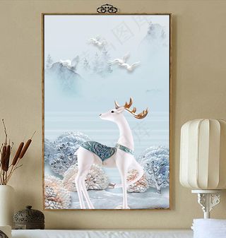 现代立体森林麋鹿飞鸟客厅无框画图片