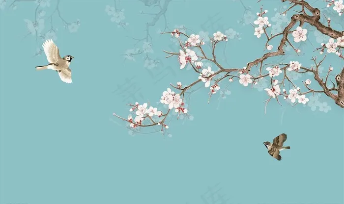 花鸟画 手绘画鸟 梅花 背景墙图片(9071X5669(DPI:72))psd模版下载