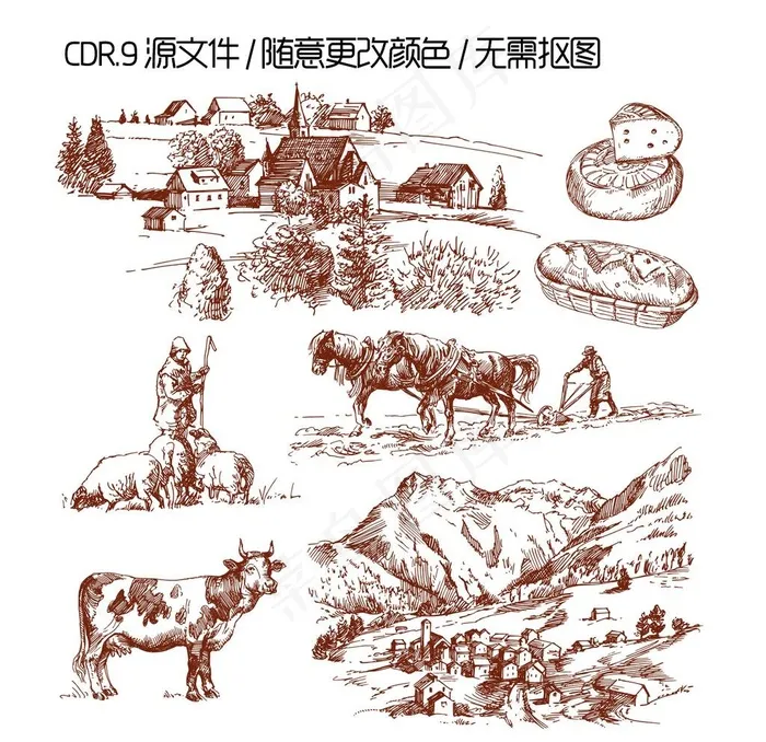 手绘复古田园矢量图图片cdr矢量模版下载