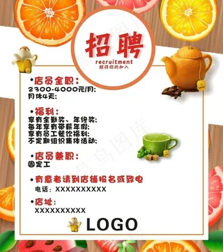 水果茶店员招聘海报图片