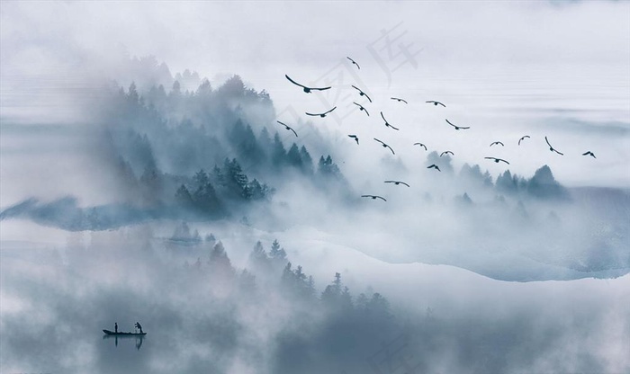 水墨山水 小船 背景墙图片