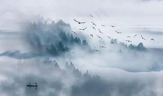 水墨山水 小船 背景墙图片