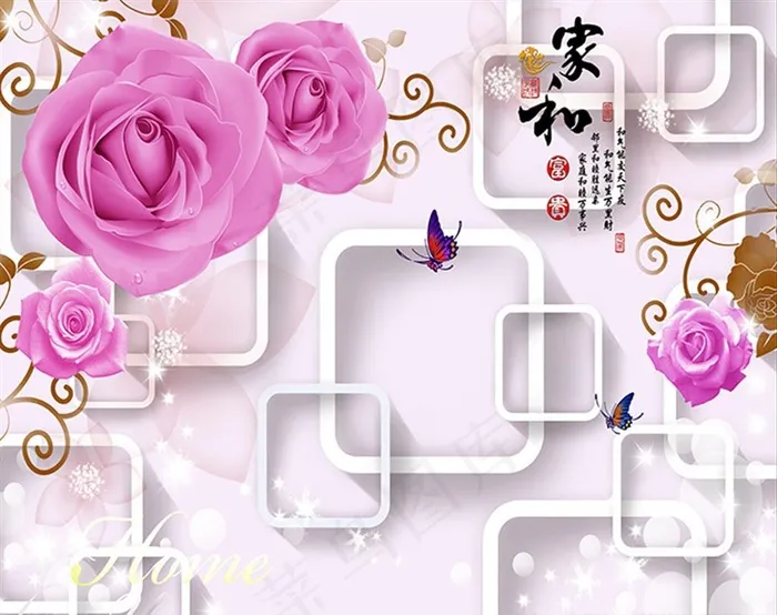 粉色玫瑰方框家和背景墙图片(8022X6605(DPI:72))psd模版下载