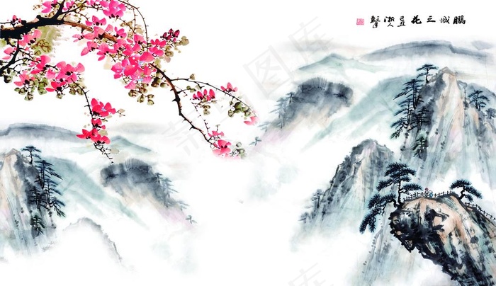 红梅山水背景墙图片(7087X4314(DPI:300))psd模版下载