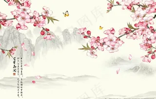 花开富贵桃花水墨山水图片