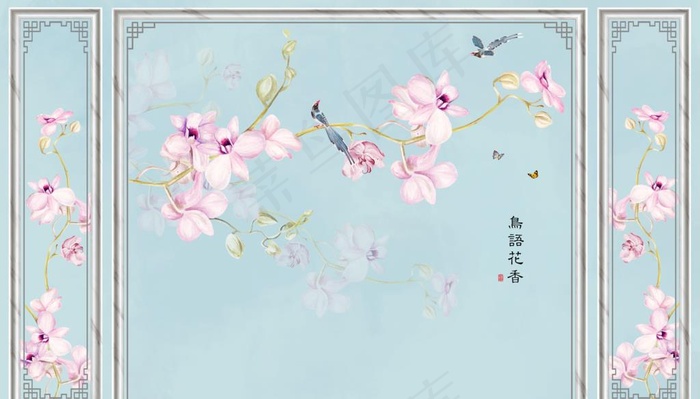 鸟语花香玉兰花边框背景墙图片(11339X6823(DPI:72))psd模版下载