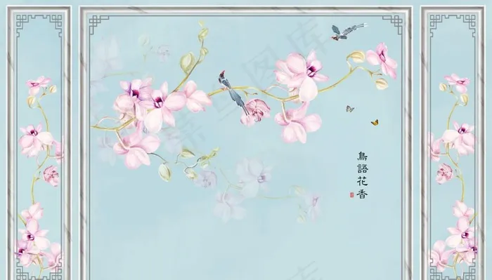 鸟语花香玉兰花边框背景墙图片(11339X6823(DPI:72))psd模版下载