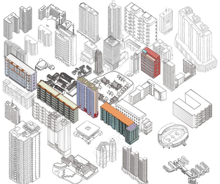 建筑楼房楼体鸟瞰多个组合线稿图片(4240X3691(DPI:300))psd模版下载