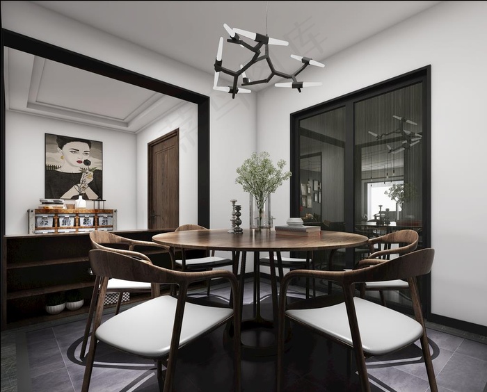 新中式餐厅效果图3D模型图片