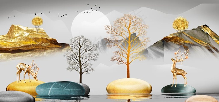 新中式金色山水麋鹿大树装饰画图片