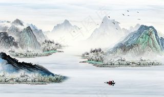 新中式国画山水电视背景墙图片