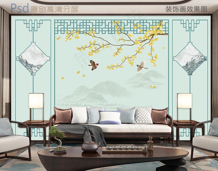 鸟语花香银杏叶新中式背景墙图片(9071X5669(DPI:72))psd模版下载