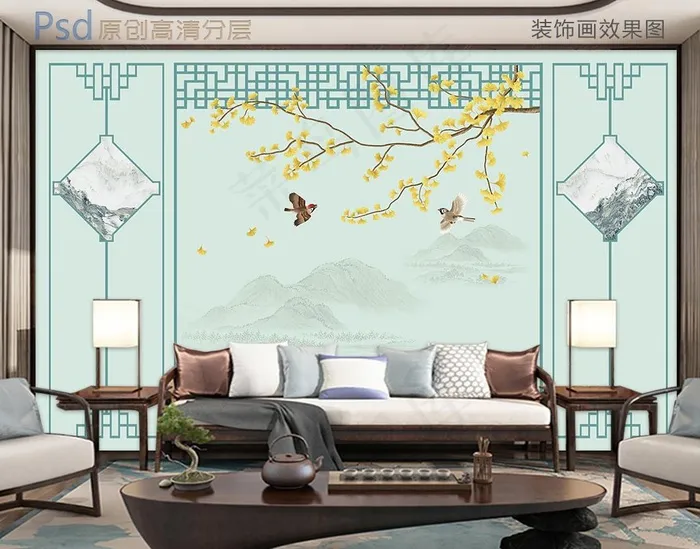 鸟语花香银杏叶新中式背景墙图片(9071X5669(DPI:72))psd模版下载