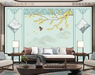 鸟语花香银杏叶新中式背景墙图片