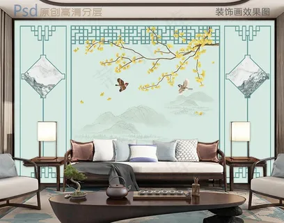 鸟语花香银杏叶新中式背景墙图片 鸟语花香银杏叶新中式背景墙图片