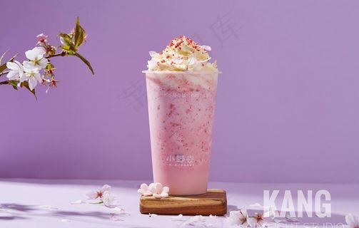 桃花奶盖奶茶图片