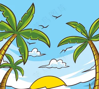 彩绘沙滩椰树风景图片