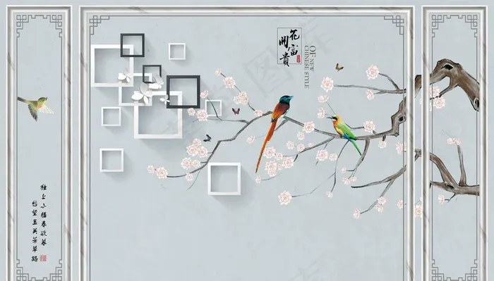 边框花开富贵花鸟电视背景墙图片(11339X6823(DPI:72))psd模版下载