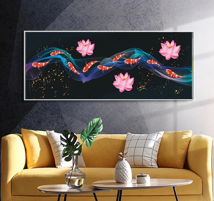 荷花锦鲤富贵九鱼图晶瓷装饰画图片(7095X2362(DPI:300))psd模版下载
