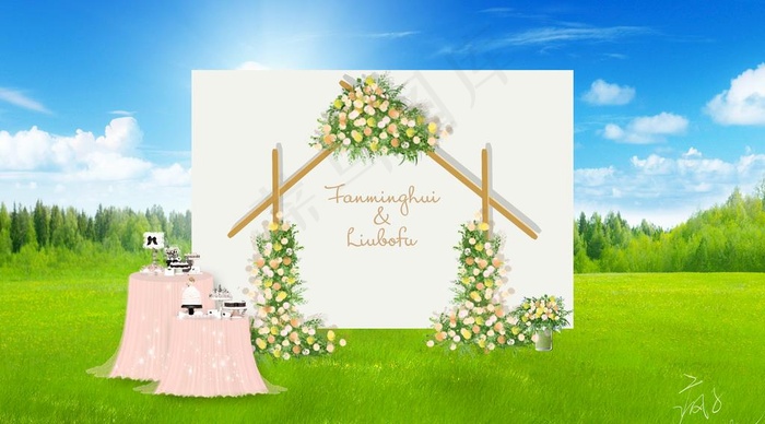 户外小清新风格婚礼合影区效果图图片