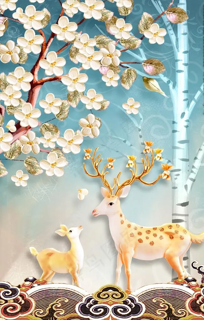 北欧发财树植物鹿画图片