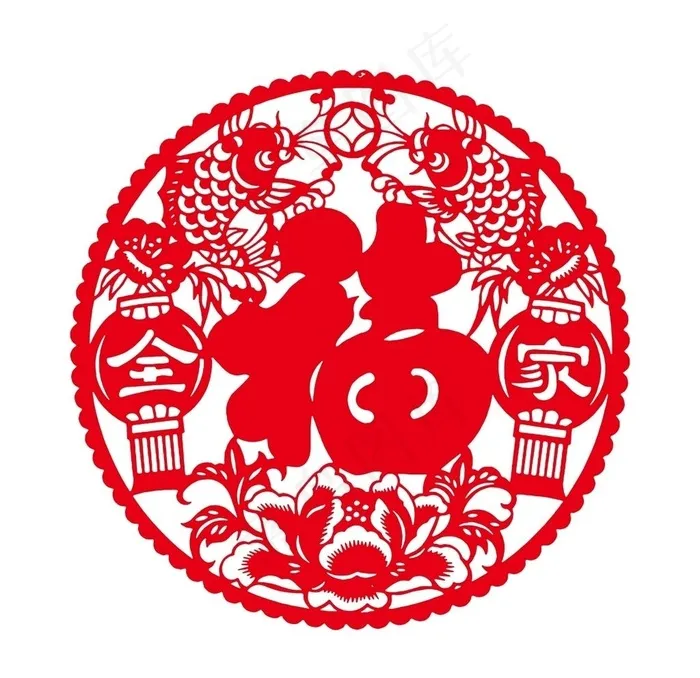全家福红色窗花剪纸图片ai矢量模版下载