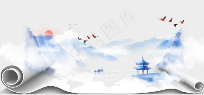 水墨画卷图片(9449X4724(DPI:200))psd模版下载