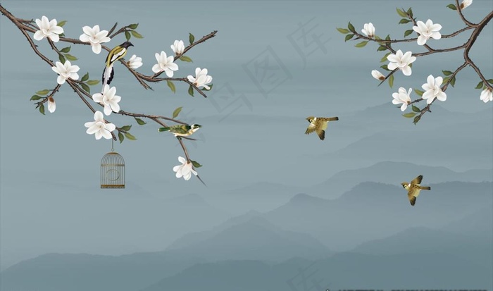 手绘玉兰花鸟图片(9071X5669(DPI:72))psd模版下载