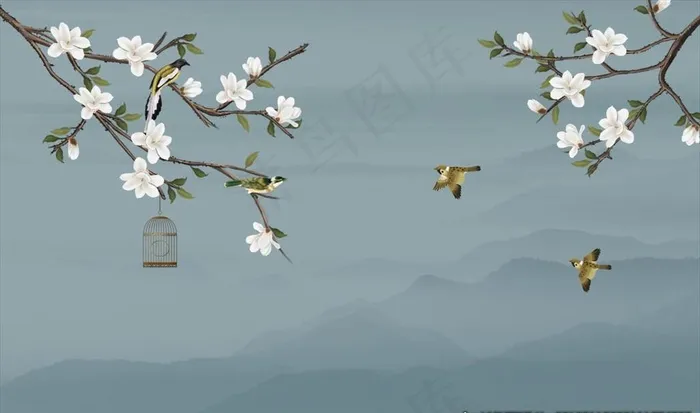 手绘玉兰花鸟图片(9071X5669(DPI:72))psd模版下载