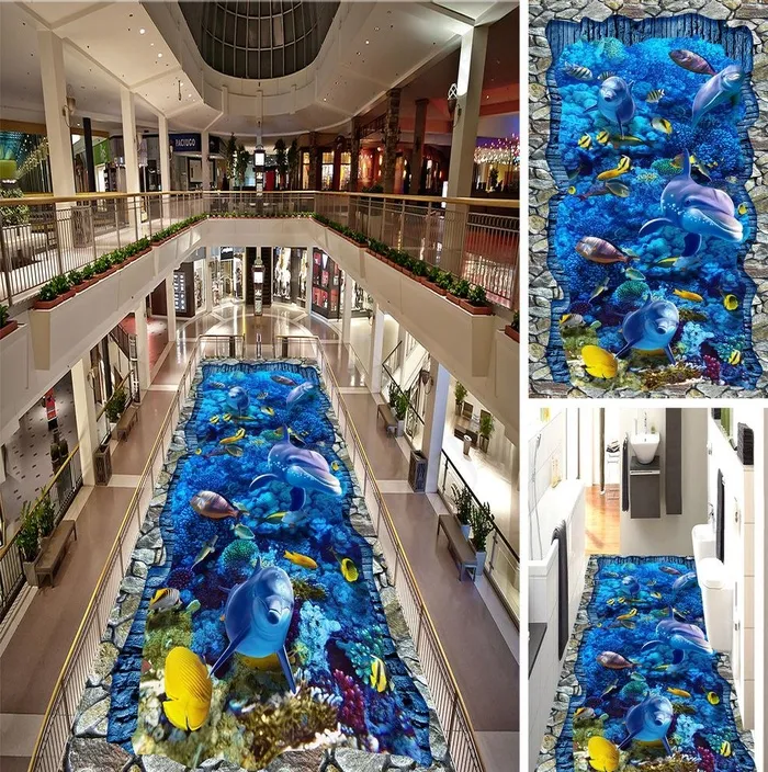 3D海底世界海豚珊瑚客厅浴地画图片