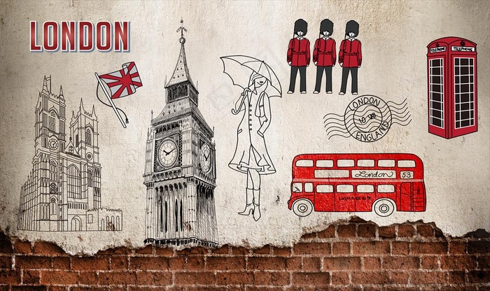 复古 砖墙 手绘 英伦风 背景图片