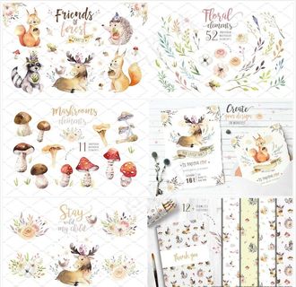 手绘森林动物蘑菇水彩画图片