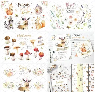 手绘森林动物蘑菇水彩画图片