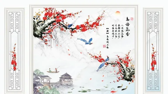 边框鸟语花鸟梅花山水电视背景墙图片 边框鸟语花鸟梅花山水电视背景墙图片