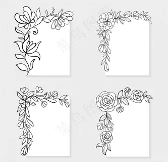 黑白手绘植物花纹边角边框图片