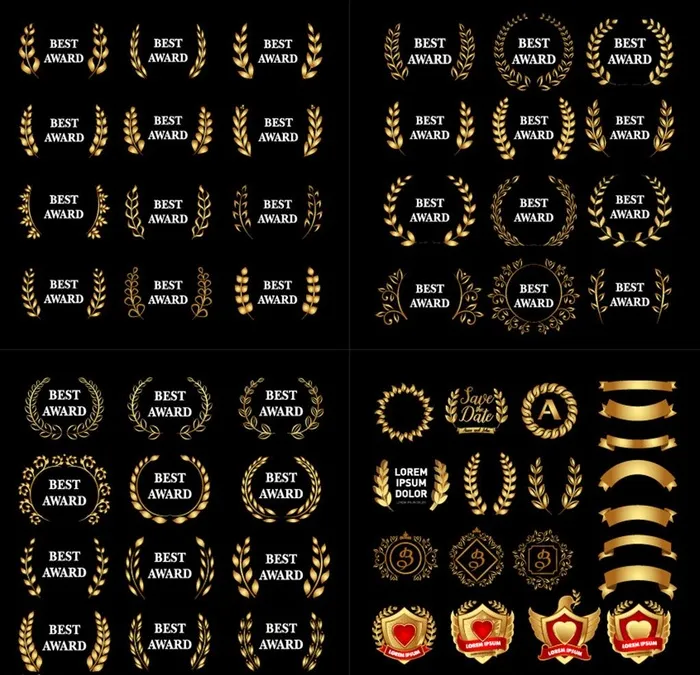 多款金色桂冠奖牌徽章元素集合图片