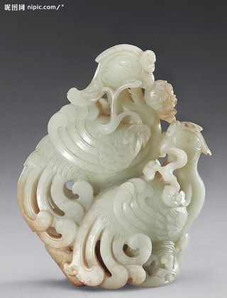 清中期 青白玉雕双凤摆件图片