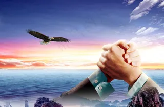 团队合作 握手 老鹰 城市 山图片