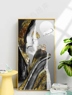 手绘麋鹿风景瀑布金箔装饰画图片 手绘麋鹿风景瀑布金箔装饰画图片