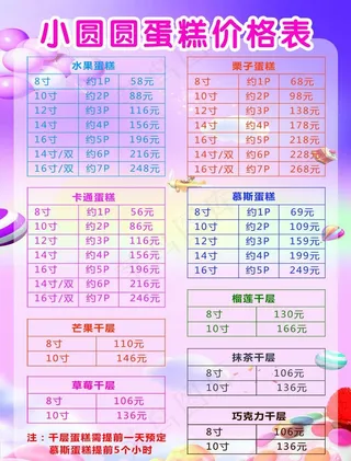 水果奶油蛋糕价格表图片