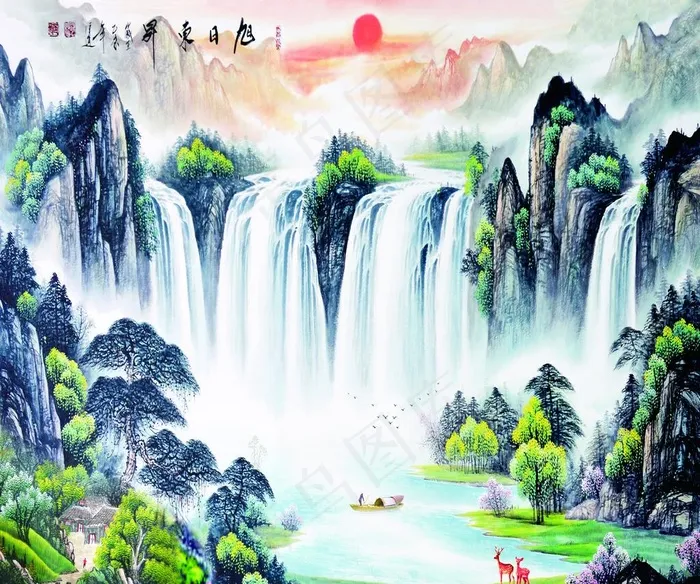 山水画水墨画 旭日东升图片(4252X3685(DPI:72))psd模版下载