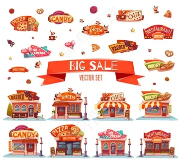 8款卡通商铺和9款餐饮标签矢量图片