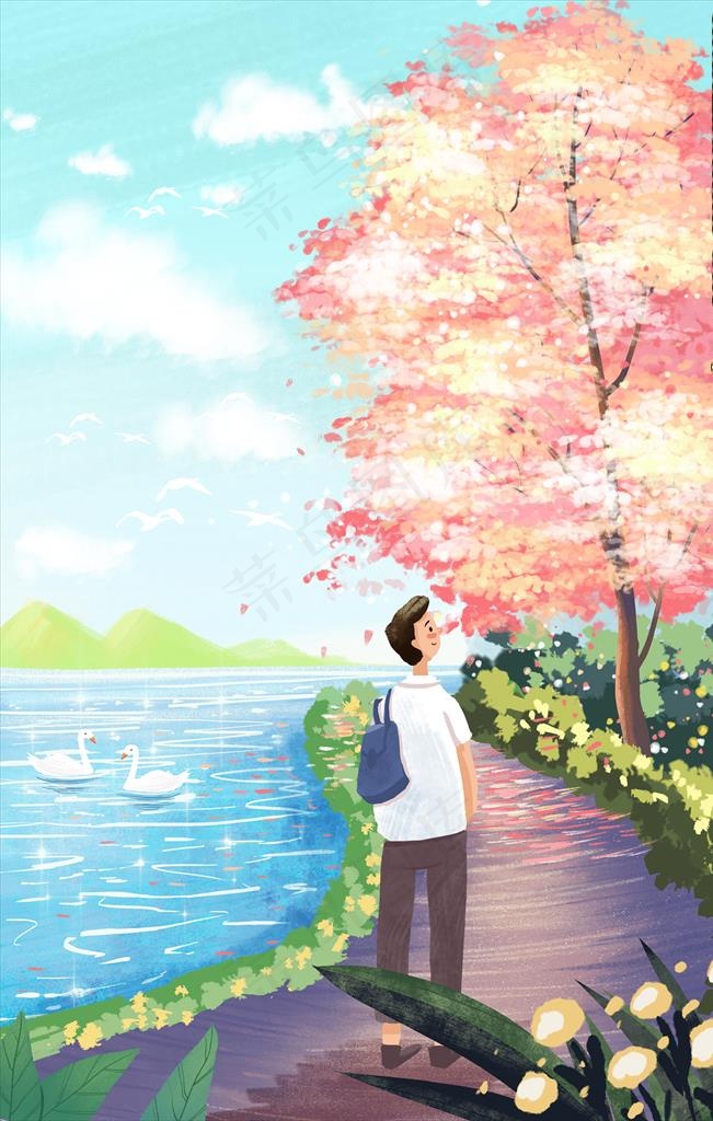 唯美春天公园插画图片(3545X5315(DPI:300))psd模版下载