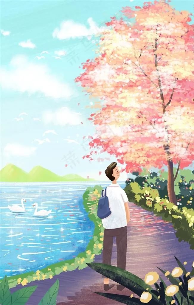 唯美春天公园插画图片(3545X5315(DPI:300))psd模版下载