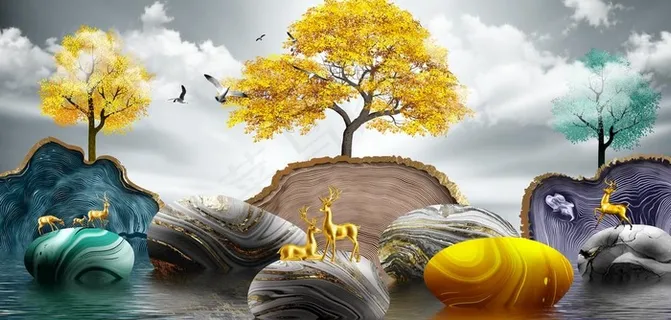 新中式年轮鹅卵石麋鹿装饰画图片