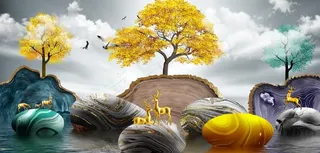 新中式年轮鹅卵石麋鹿装饰画图片